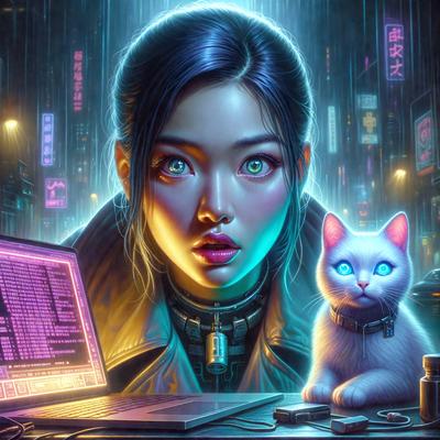 The primary subject of the image is a woman with long hair, wearing a black coat and standing next to a white cat. The setting is a futuristic cityscape, with a computer and a keyboard visible in the background. The visual style is a digital art, creating a vibrant and colorful atmosphere. The dominant colors are black, white, and various shades of pink, contributing to a unique and captivating scene.
